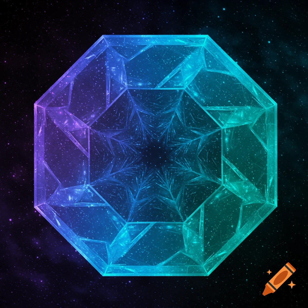 A glowing, multi-faceted octagon crystal against a starry space background, digital art.