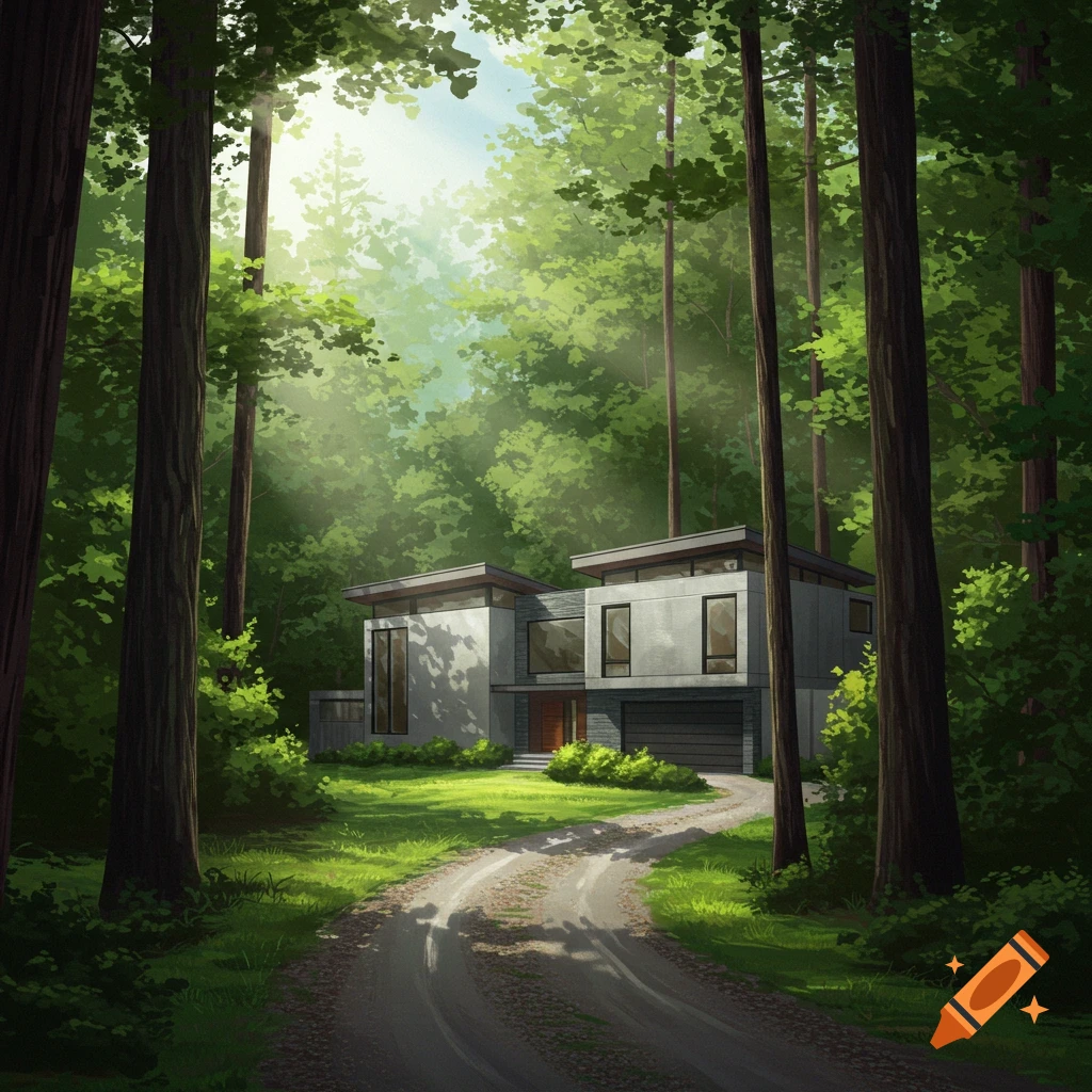A modern house in a forest with a path leading to it.