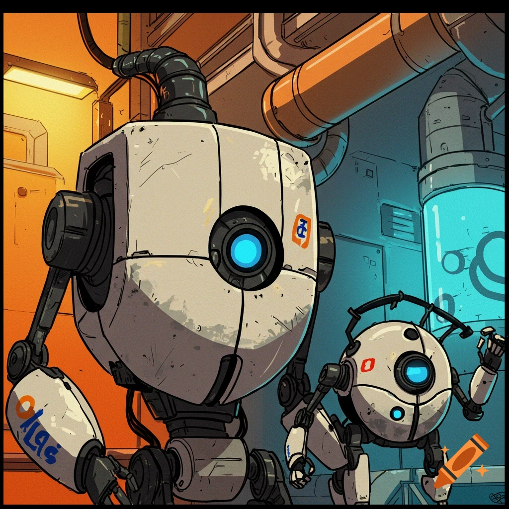 Robots Atlas and P-Body from Portal 2 in a laboratory setting.