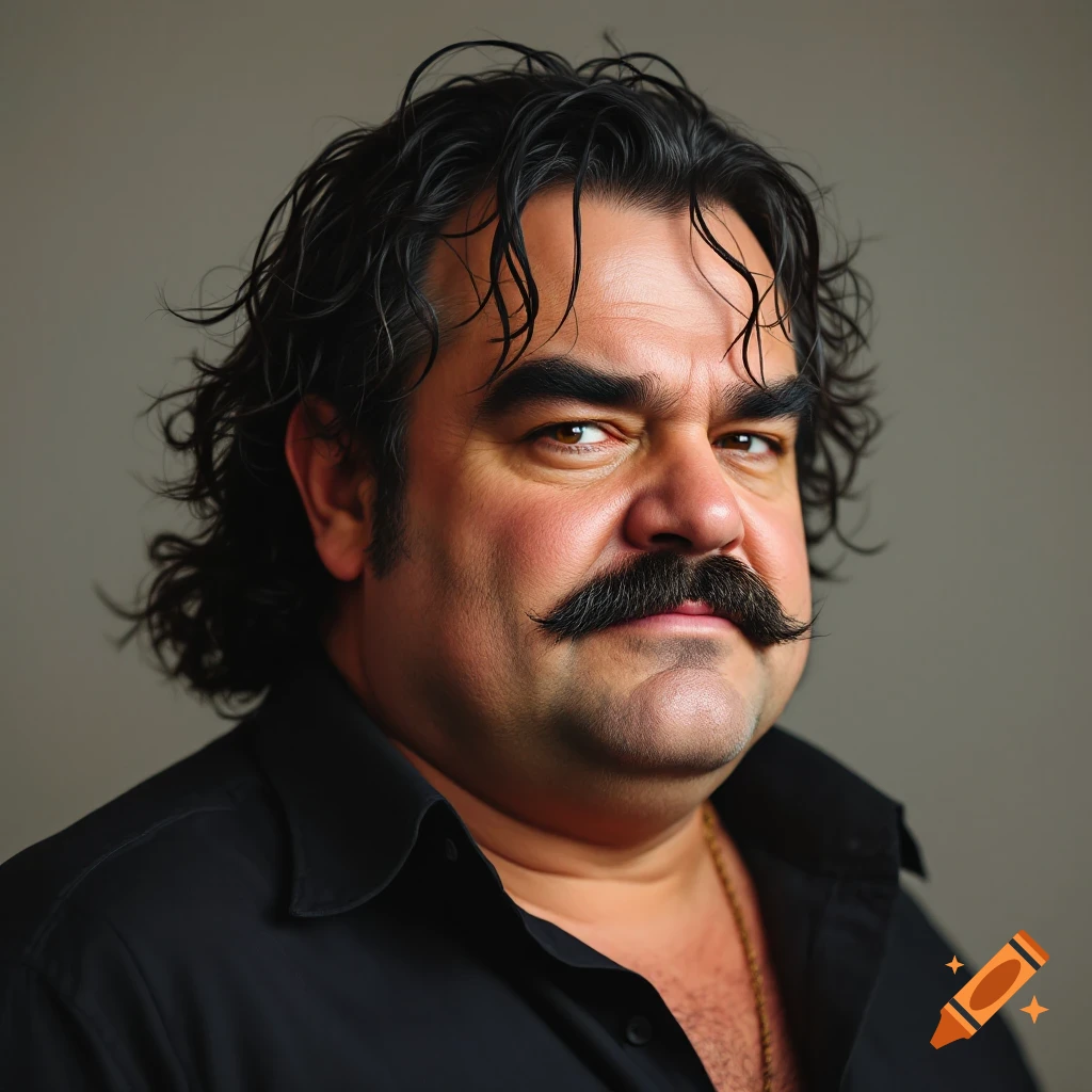 A close-up portrait of a man with dark, curly hair and a thick mustache, wearing a black shirt.
