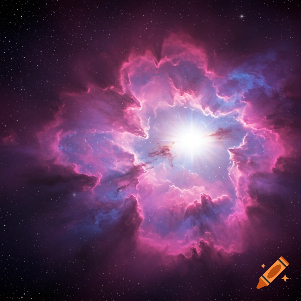 A bright star within a pink and blue nebula surrounded by stars.