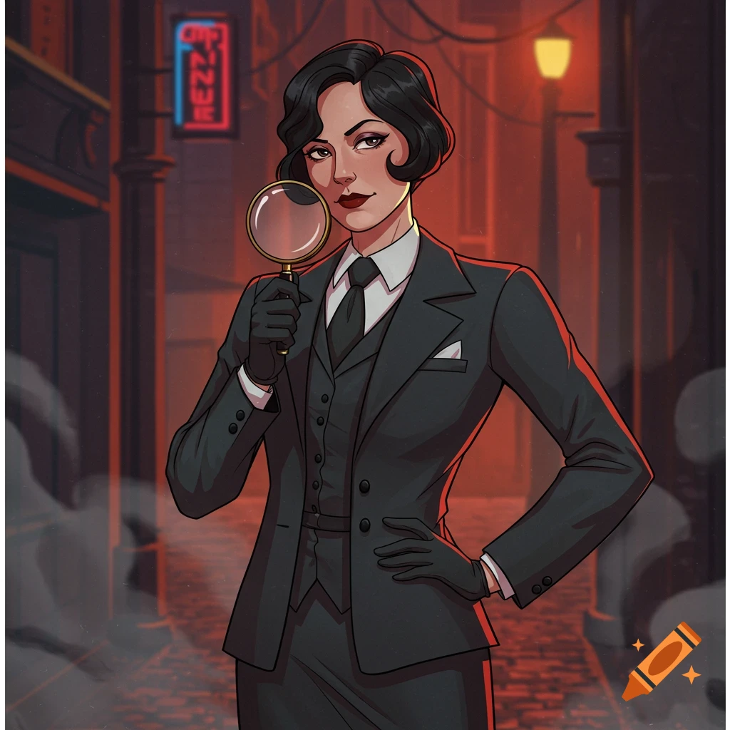 A female detective in a suit holding a magnifying glass in a dark alley.