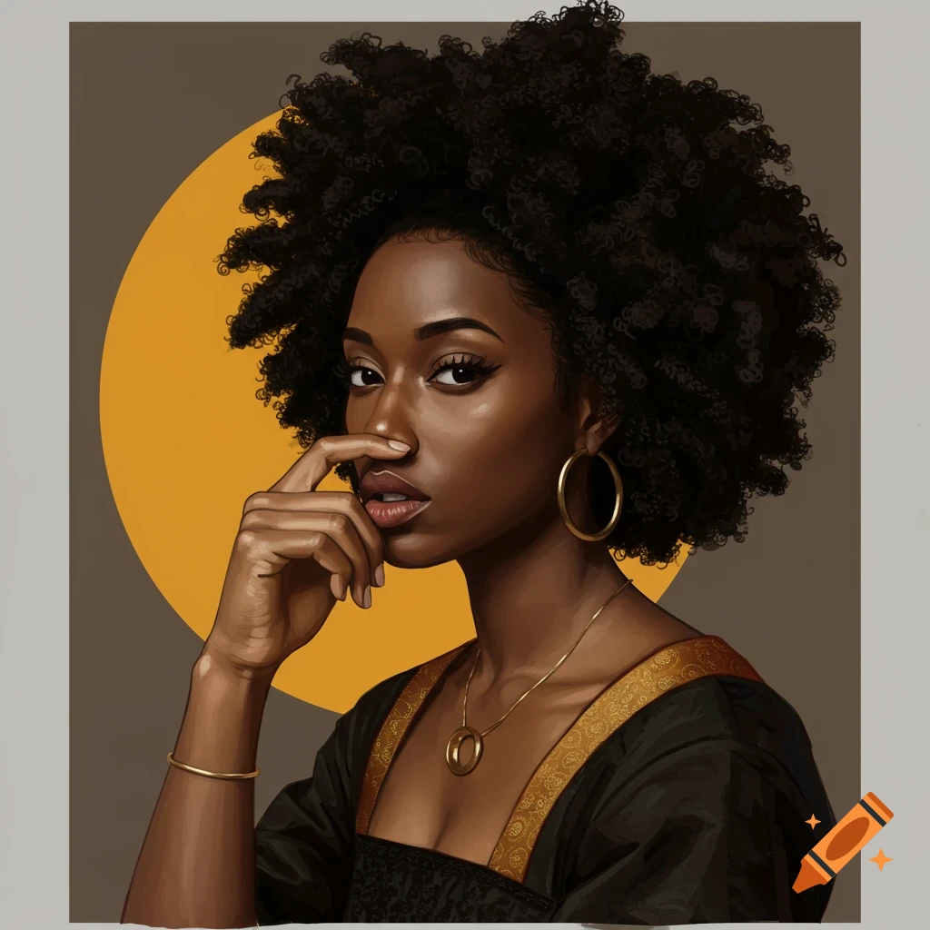 Renaissance painting of a Black woman holding her nose, wearing a black and gold dress.