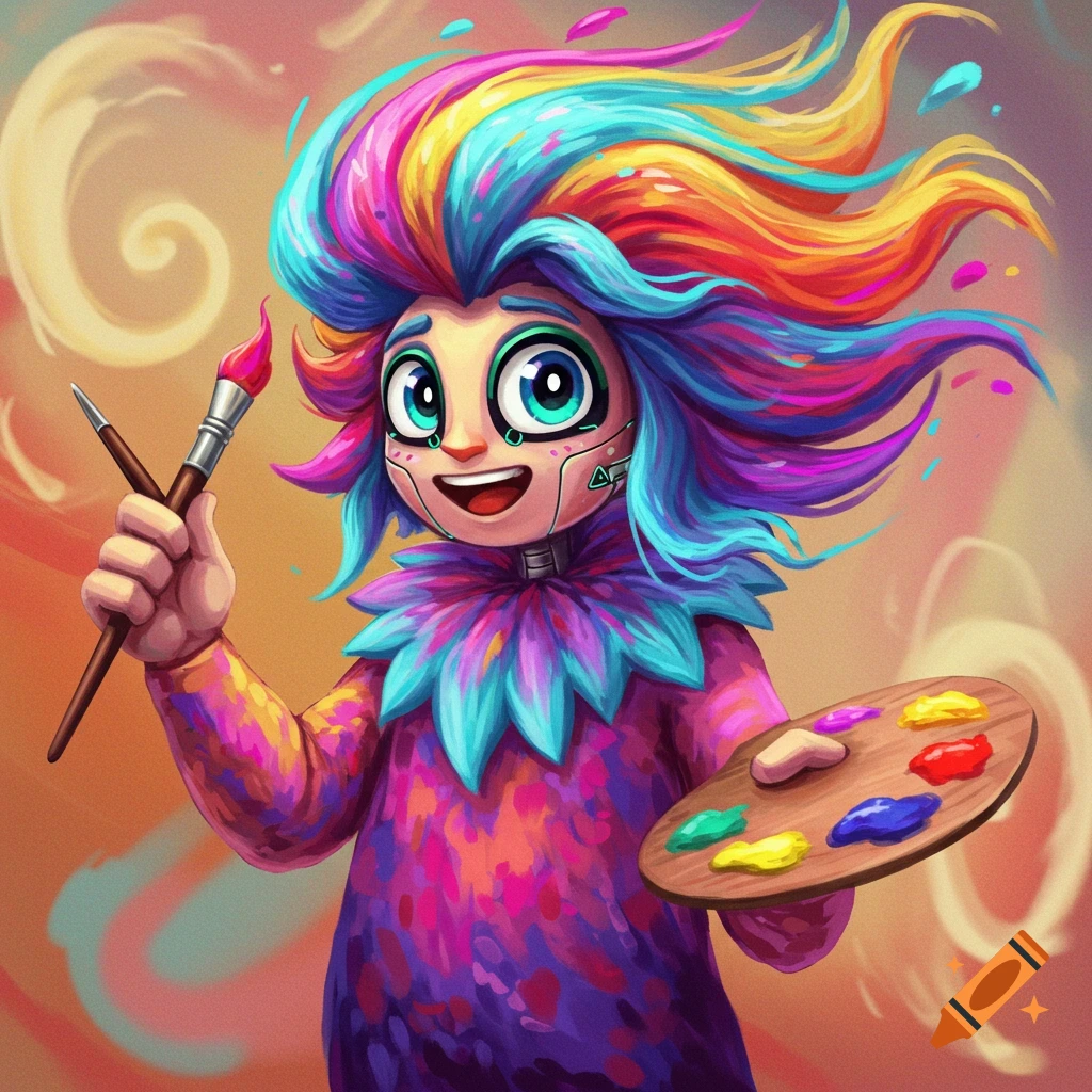 A colorful character with rainbow hair holds paintbrushes and a paint palette.