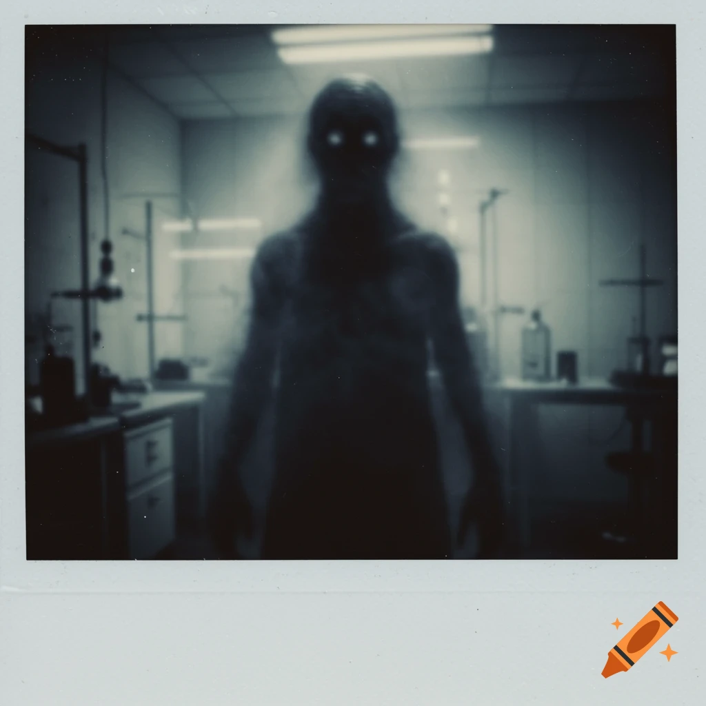 Blurry polaroid photo of a scary figure with glowing eyes in a lab.