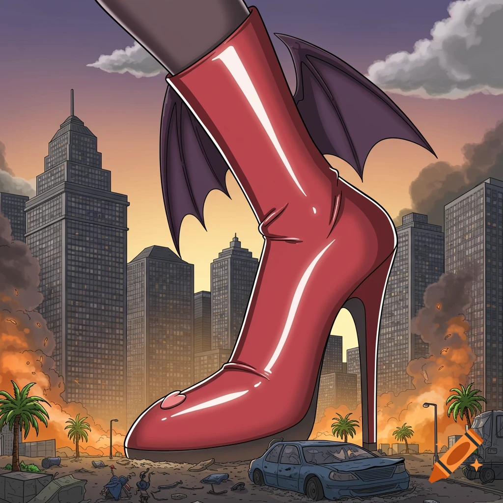 Giant red boot with bat wings stands over destroyed city with fires and flattened car, comic art style
