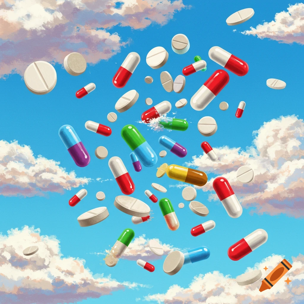 Colorful pills and tablets falling through a blue sky with clouds.