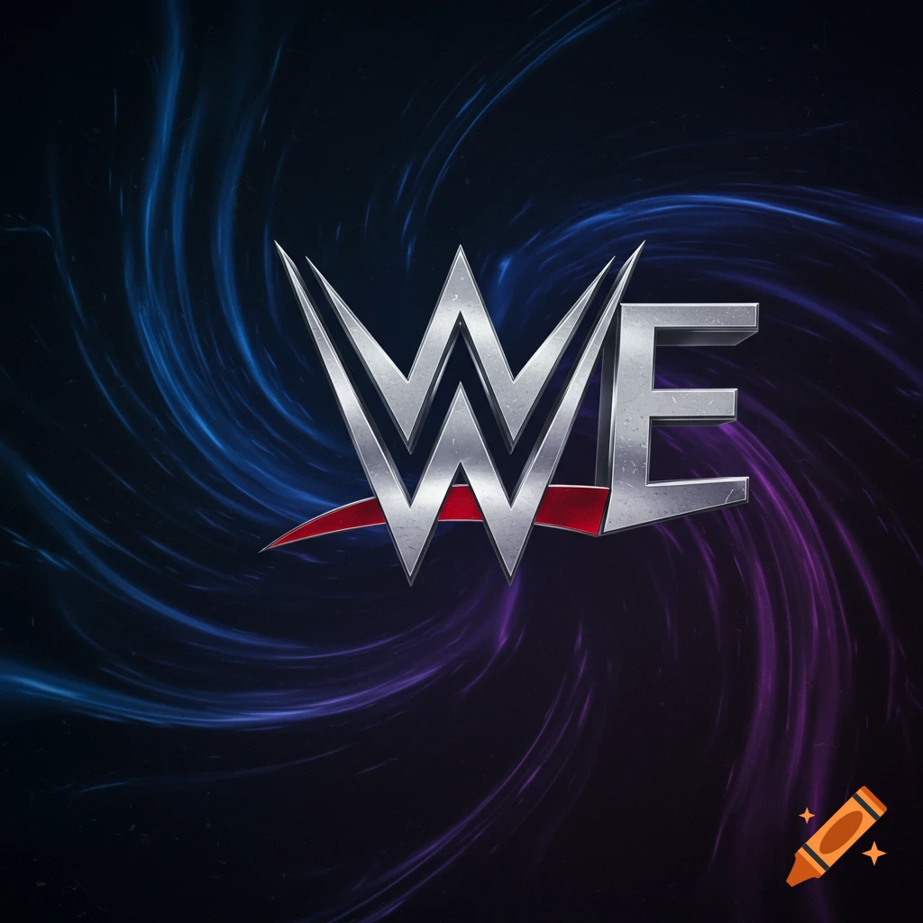 The WWE logo on a swirling blue and purple background.