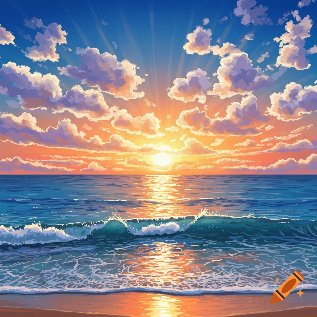 A sunset over the ocean with clouds, waves, and a sandy beach.