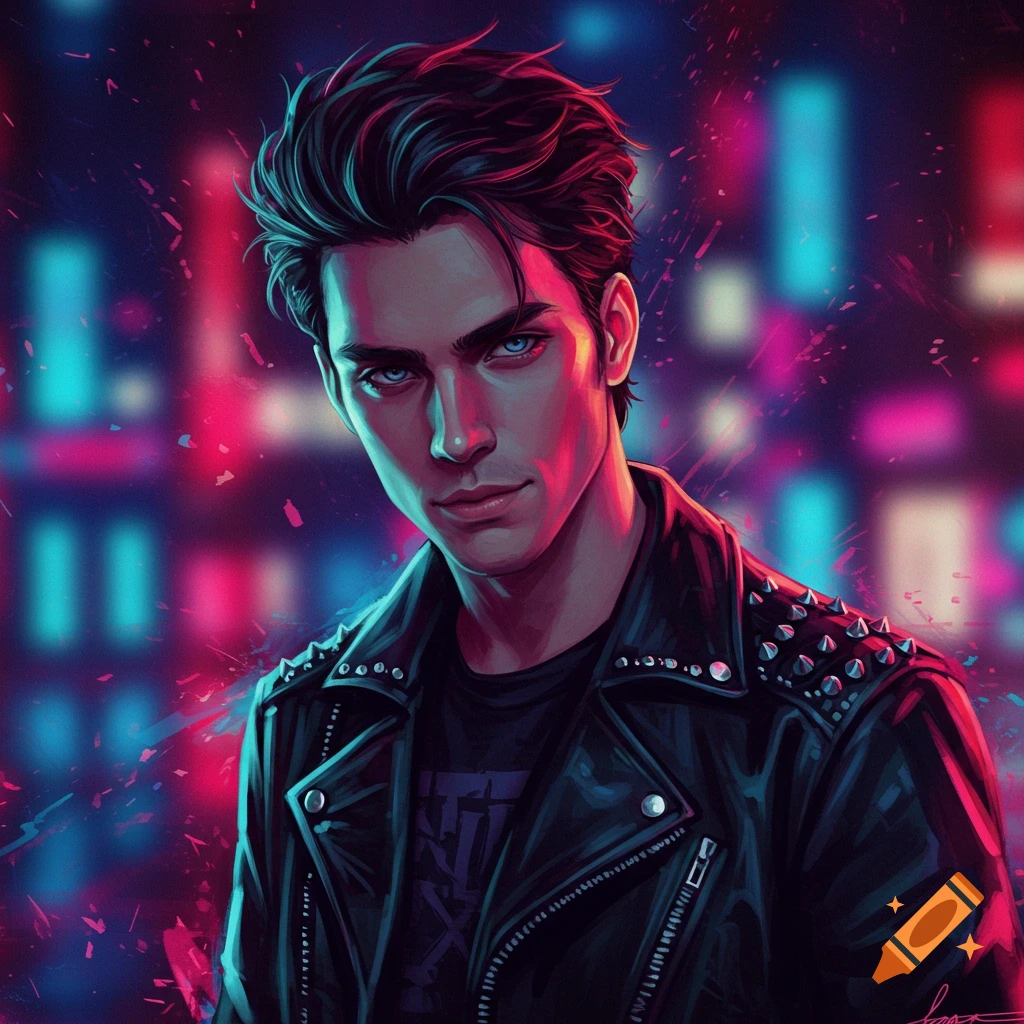 A young man in a studded leather jacket against a neon cyberpunk background.