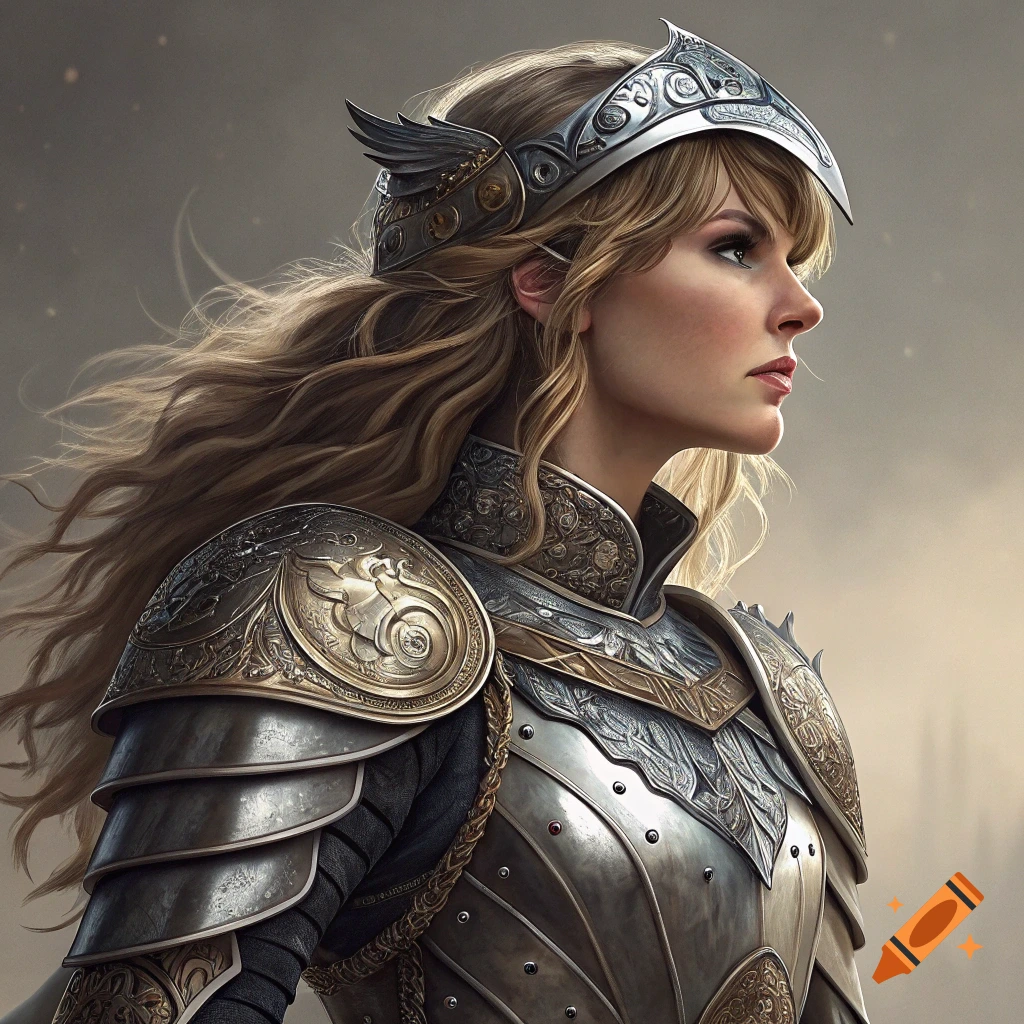 A woman in elaborate fantasy armor with wind-blown hair looks off to the side.