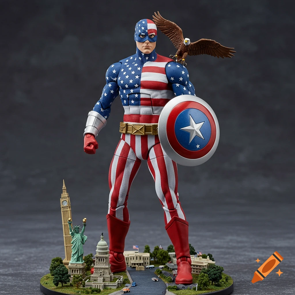 An action figure representing the USA, dressed in a stars and stripes costume, standing on a diorama base with miniature landmarks and an eagle on its shoulder.