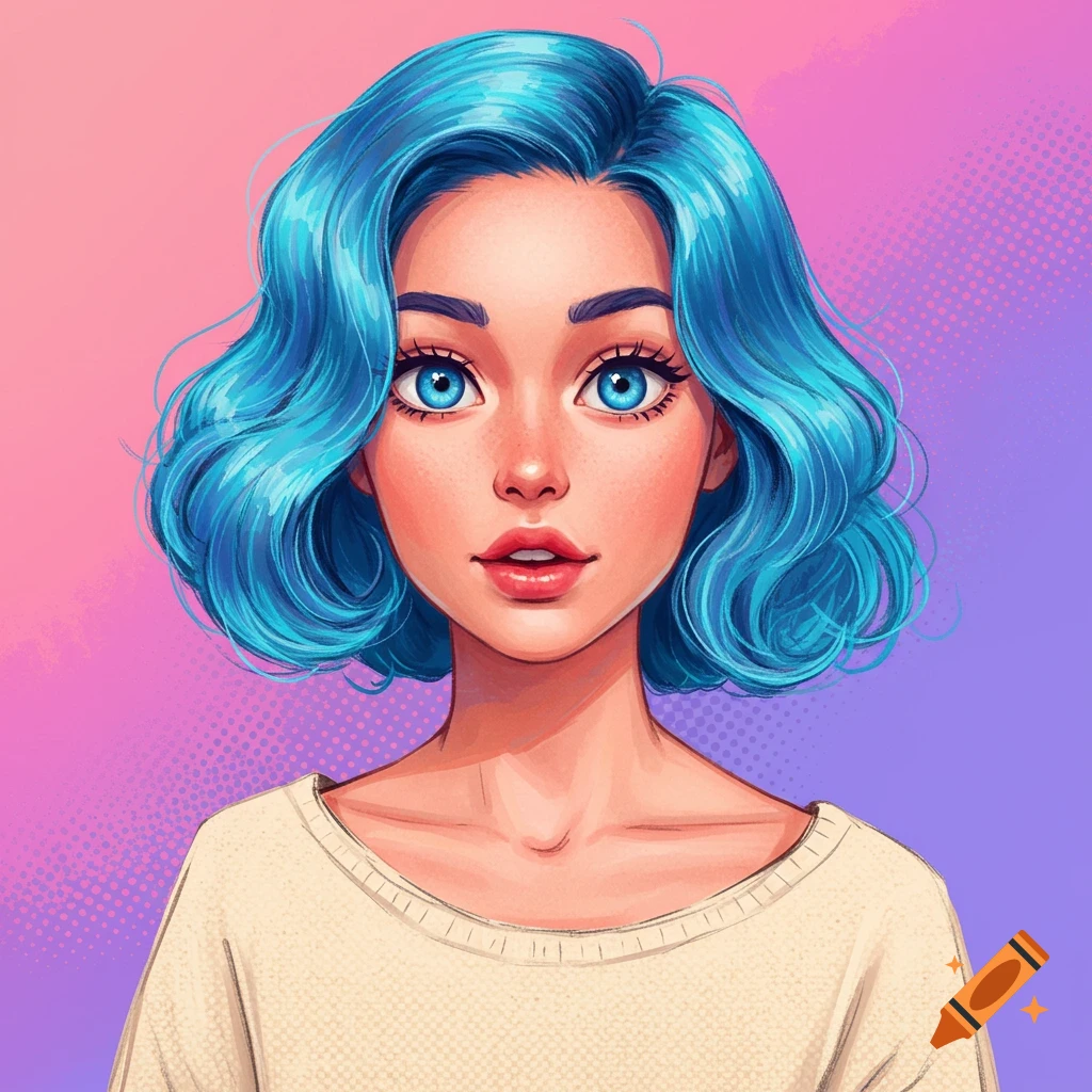 A young woman with bright blue wavy hair and blue eyes.