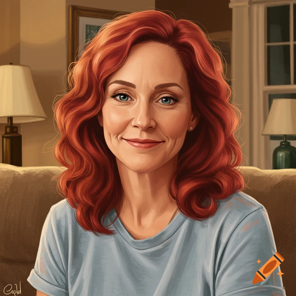 A smiling woman with red hair is sitting on a couch.
