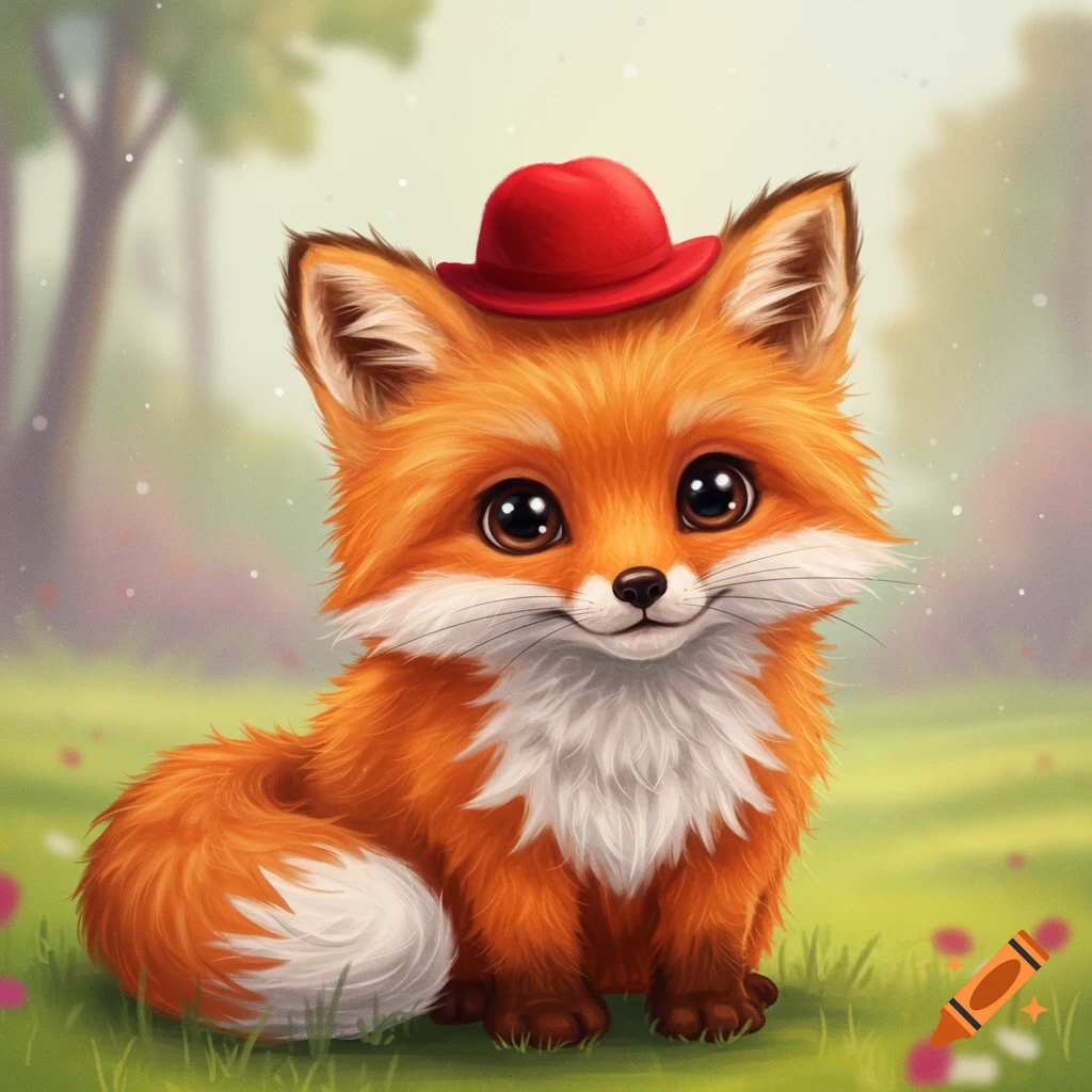 A cute cartoon fox wearing a small red hat sits in a field. Digital illustration.