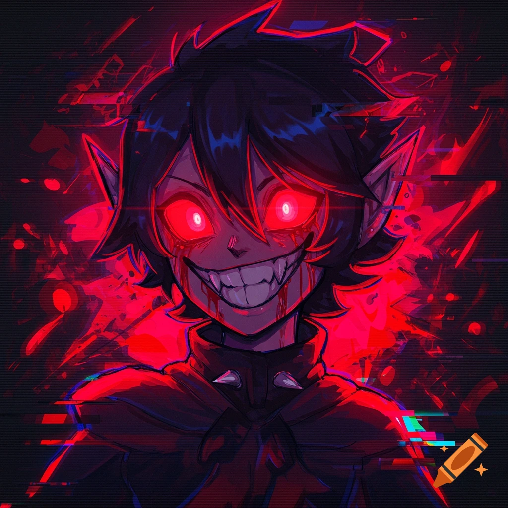 Anime portrait of a character with glowing red eyes, sharp teeth, and blood, with glitch effects.