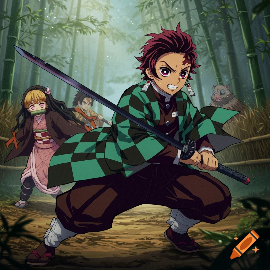 Anime illustration of Tanjiro and other Demon Slayer characters in a bamboo forest.