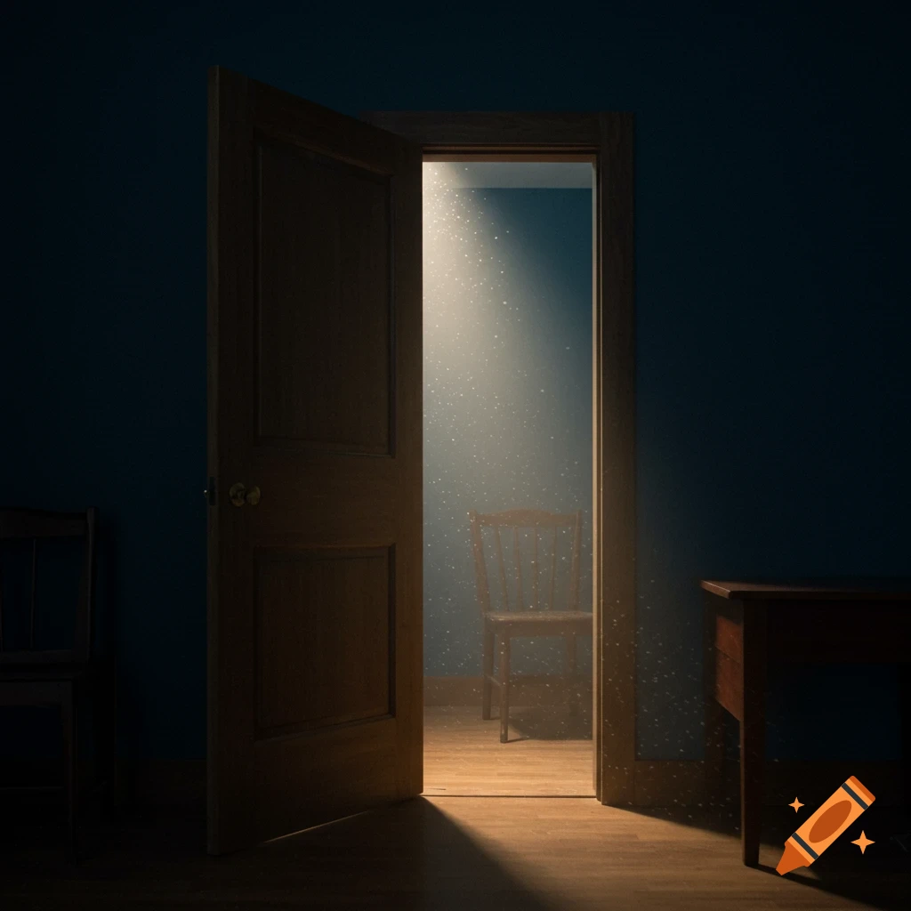 An open door shines light filled with dust motes into a dark room with furniture