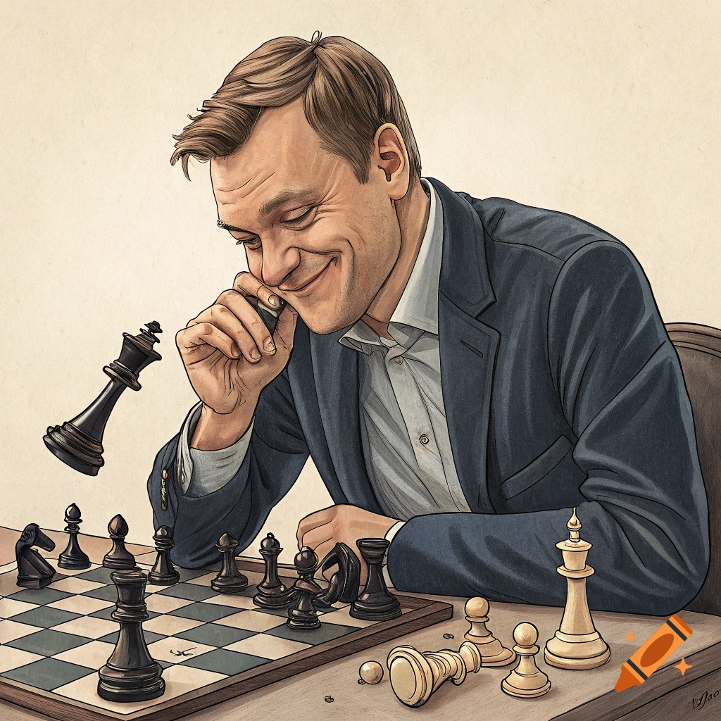 An illustration of a smiling man holding a black chess king piece at a chessboard.