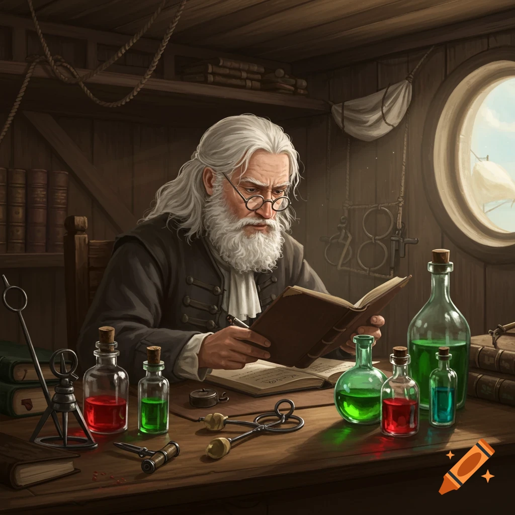 An old man with a white beard reading a book at a desk with potions and tools in a ship's cabin.