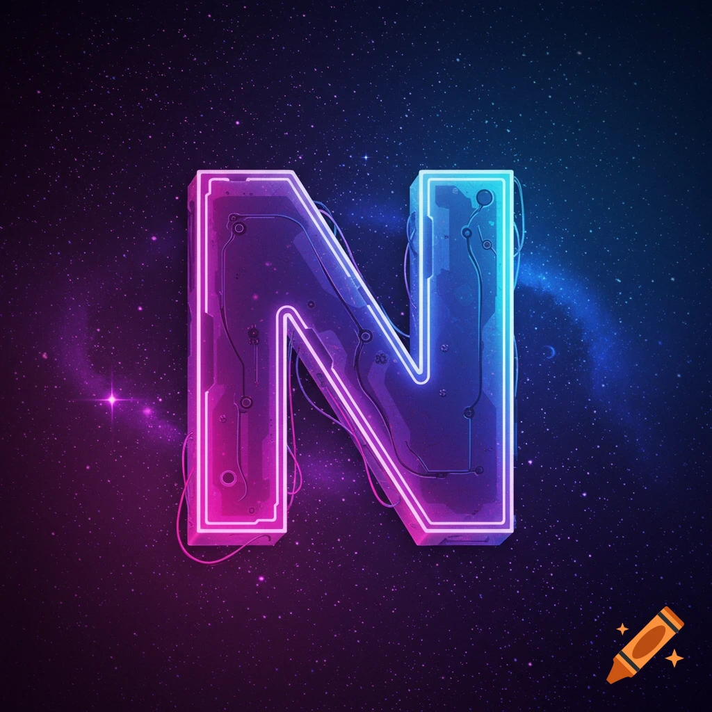 Futuristic neon outlined letter N in space
