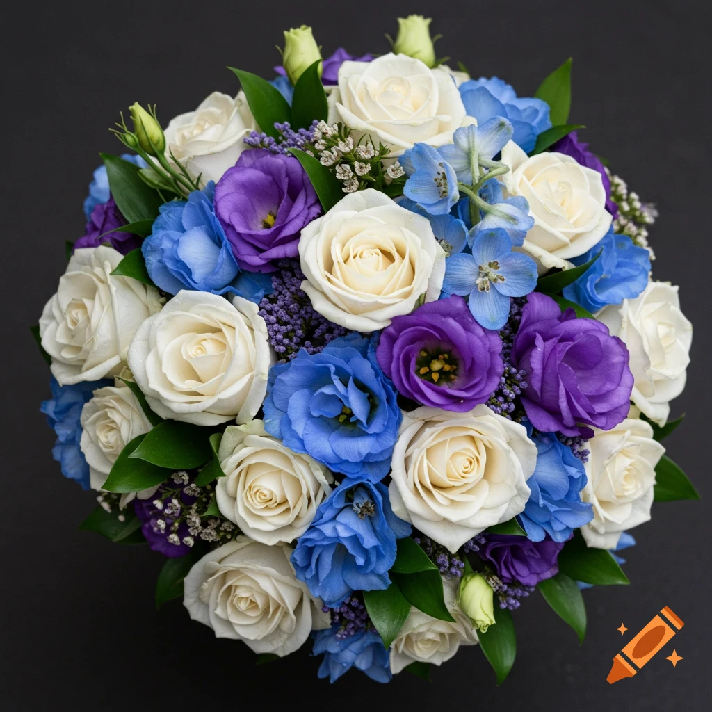 A round bouquet of white roses, blue flowers, and purple flowers with greenery on a dark background.