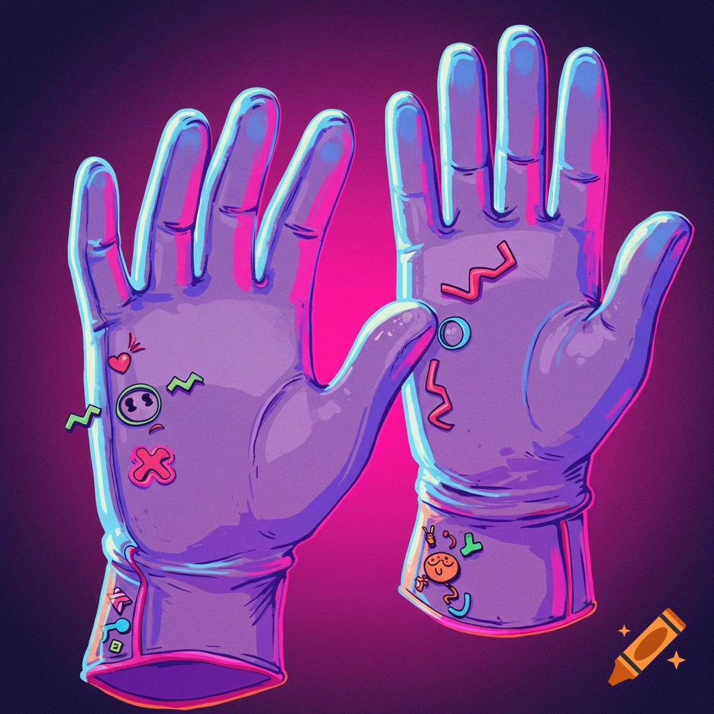 Two purple medical gloves with cartoon decorations.