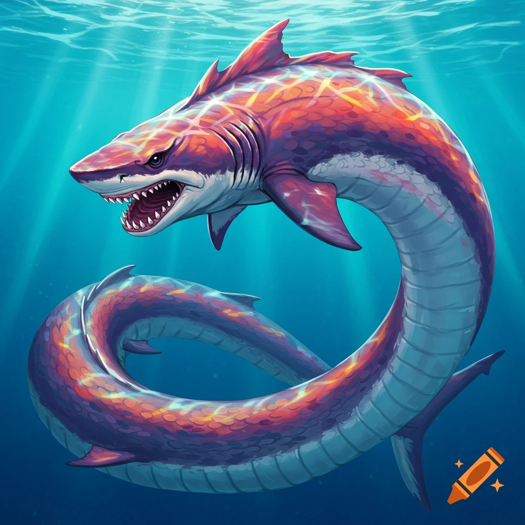 A colorful snake-like shark is swimming underwater