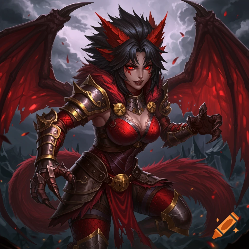 Anime illustration of a fierce dragon-wolf monster girl with red eyes, wings, and armor.
