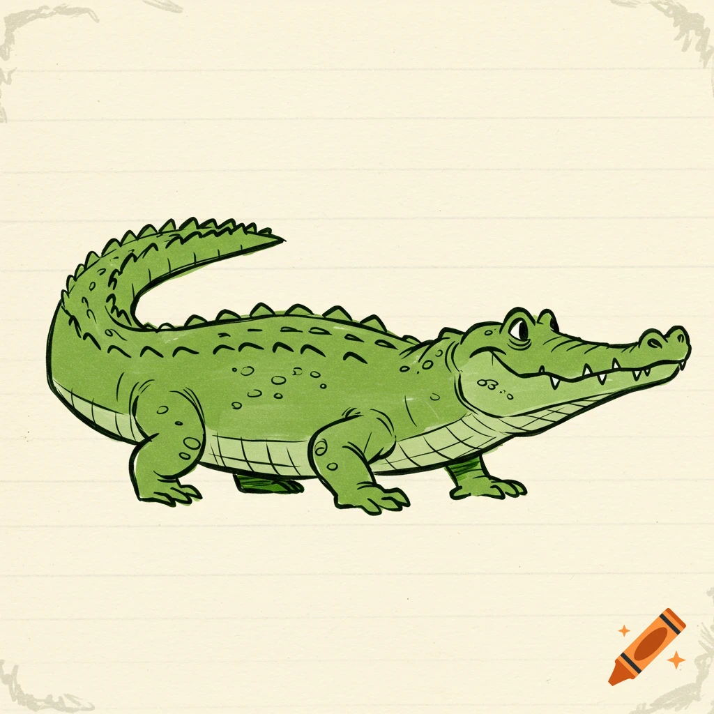 A cartoon drawing of a green crocodile on lined paper.