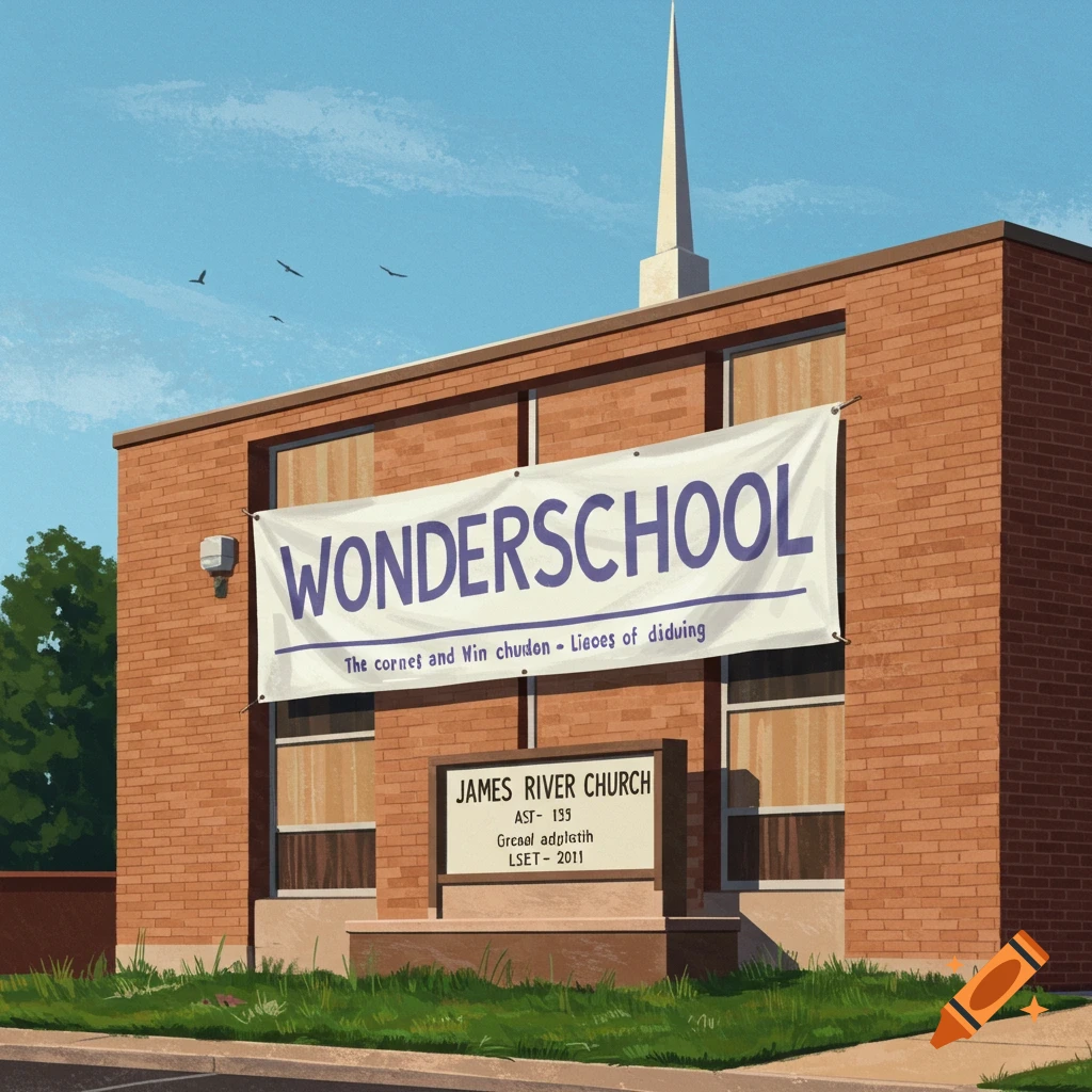 A brick building with a banner saying 'Wonderschool' and a sign saying 'James River Church'.