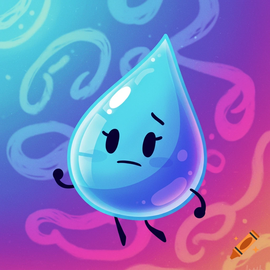A blue teardrop cartoon character with limbs stands with a colorful background.