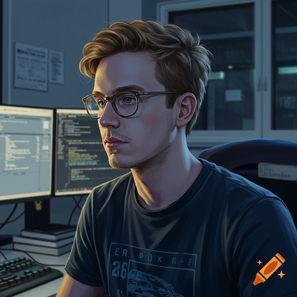 A male developer with glasses working at computers in a dark room.