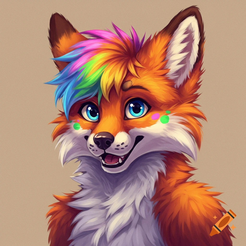 A smiling orange fox character with rainbow hair and blue eyes.