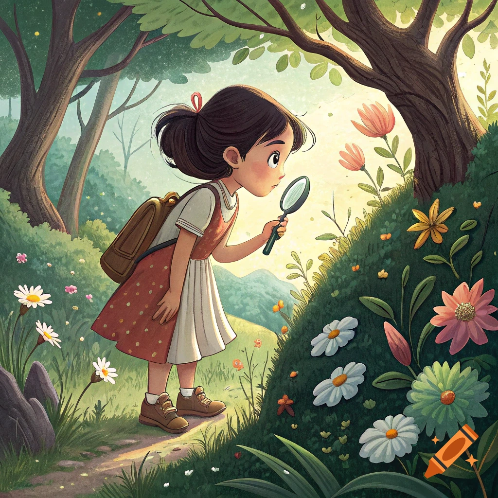 A little girl with a magnifying glass explores flowers on a grassy hill in a forest, illustration style.
