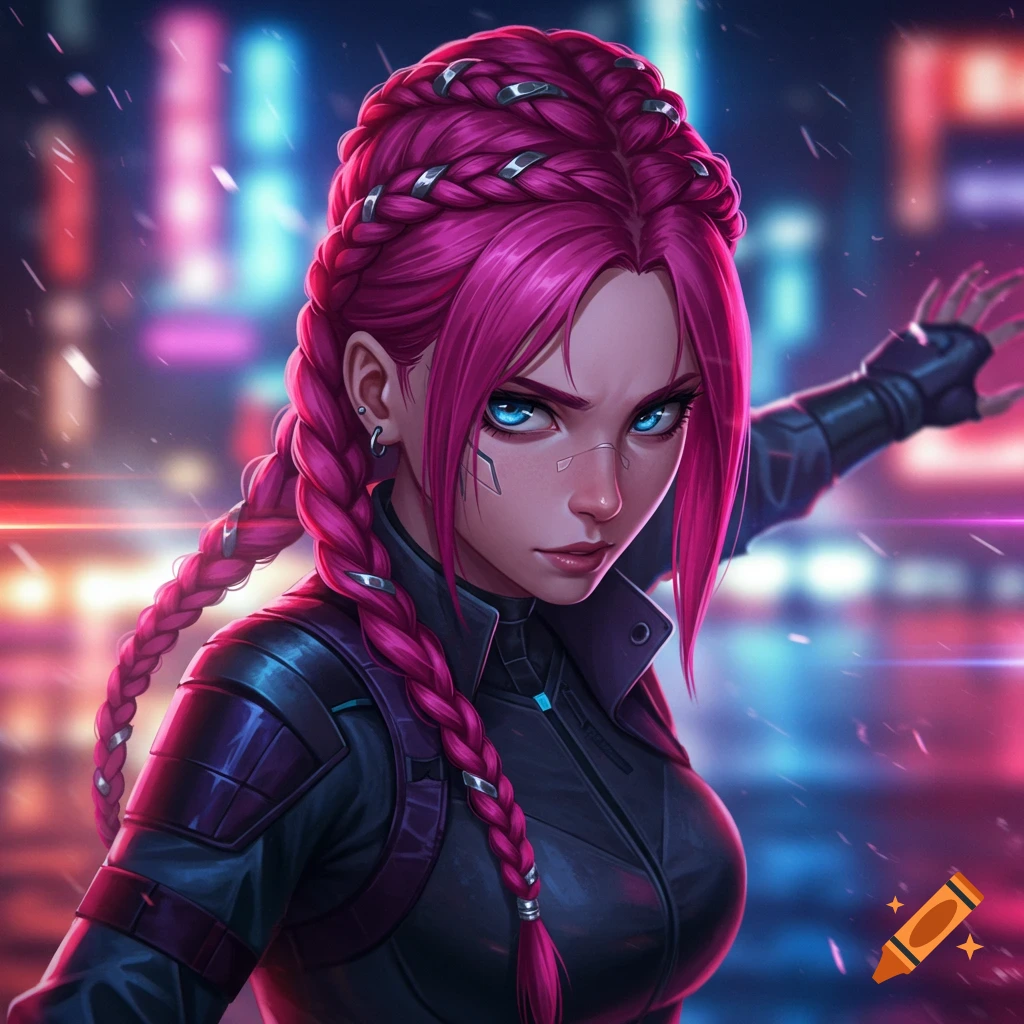 Anime portrait of a woman with pink braids and blue eyes in a cyberpunk city
