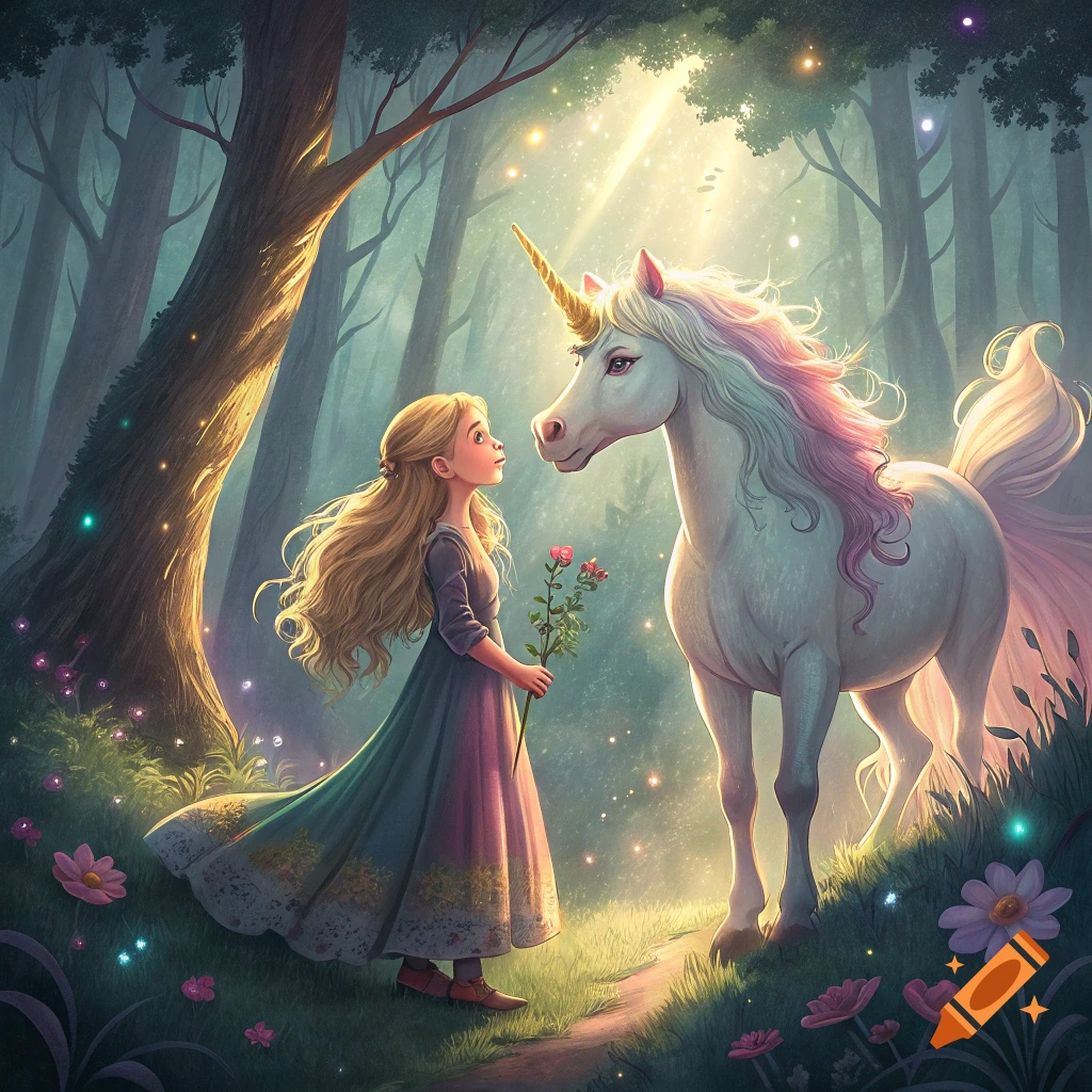 Girl with a unicorn in a sunlit forest clearing.