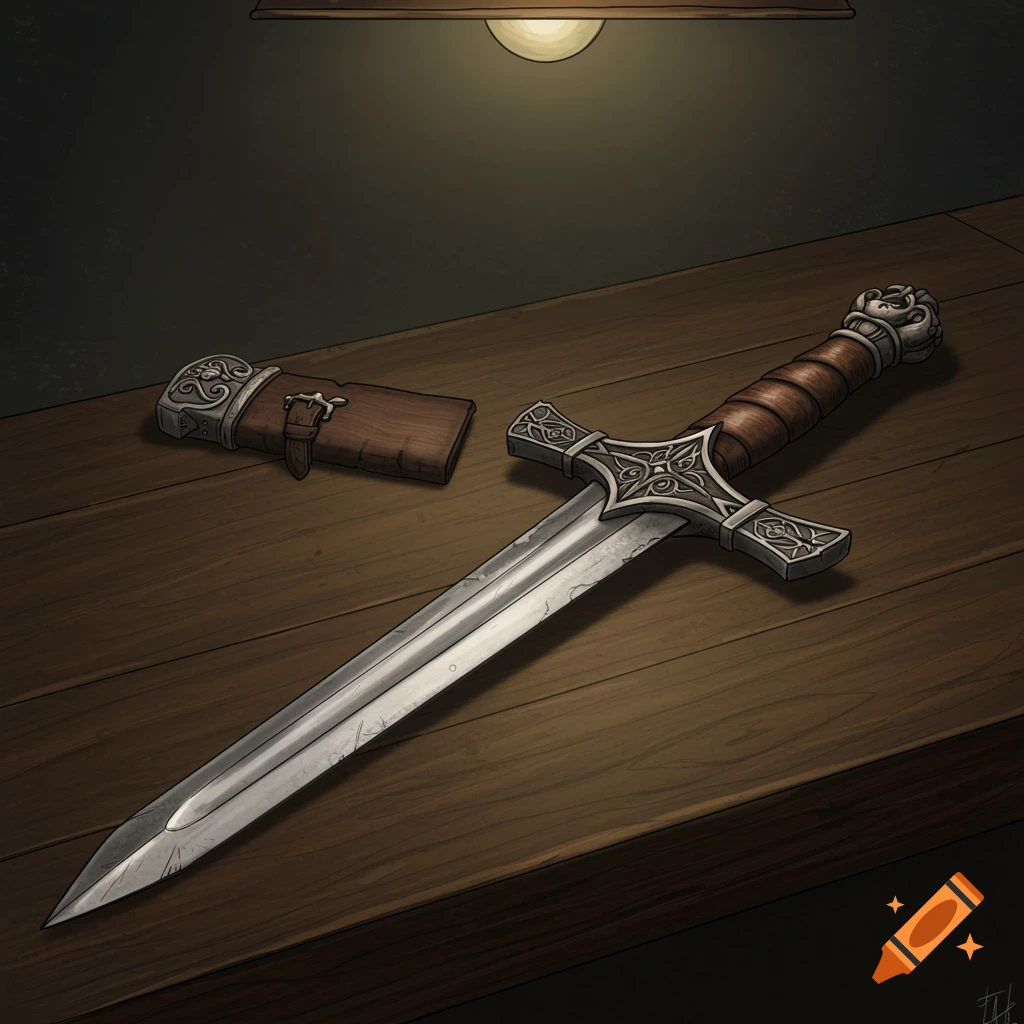 Detailed drawing of a medieval sword and scabbard on a wooden table.