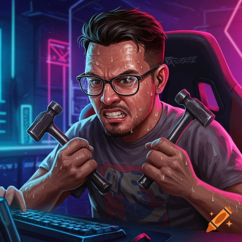 A sweaty man with hammers for hands playing computer games.