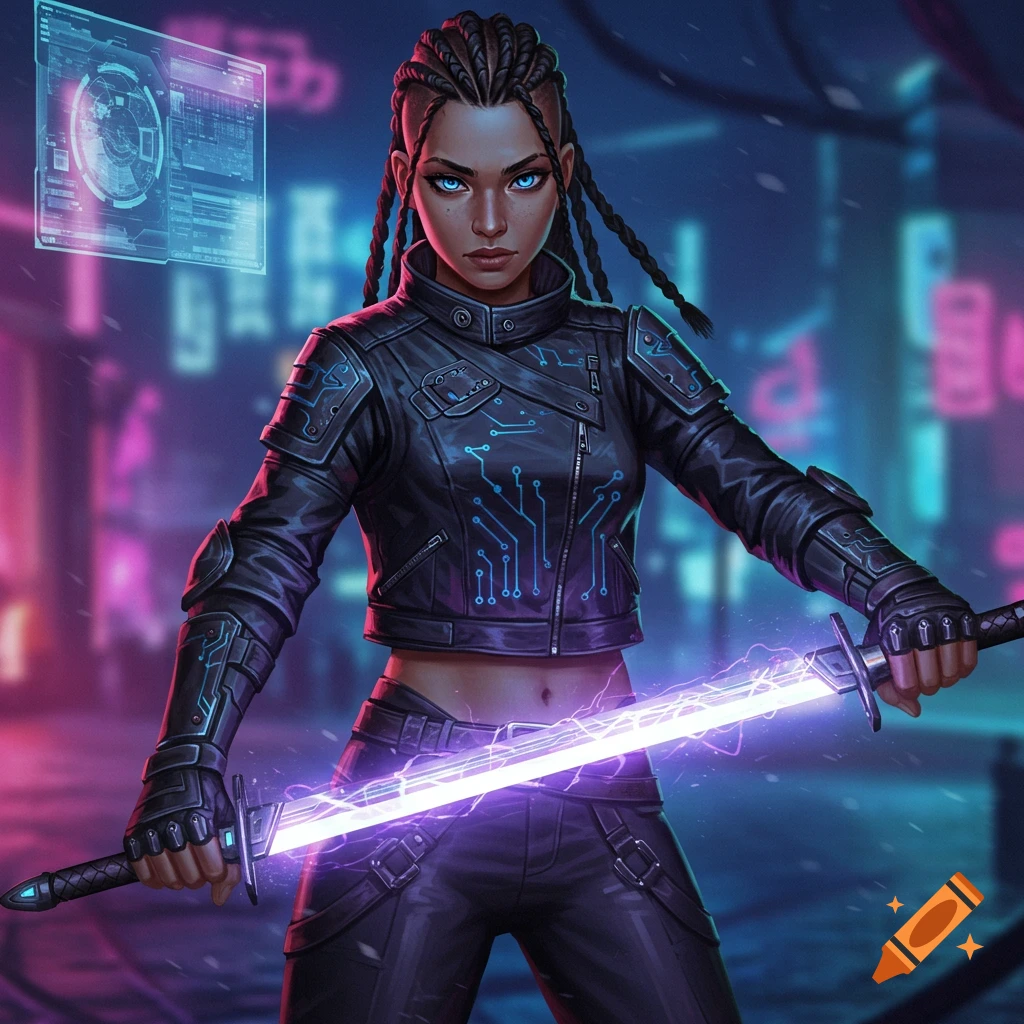 a cyberpunk woman with braided hair holding a glowing purple sword.