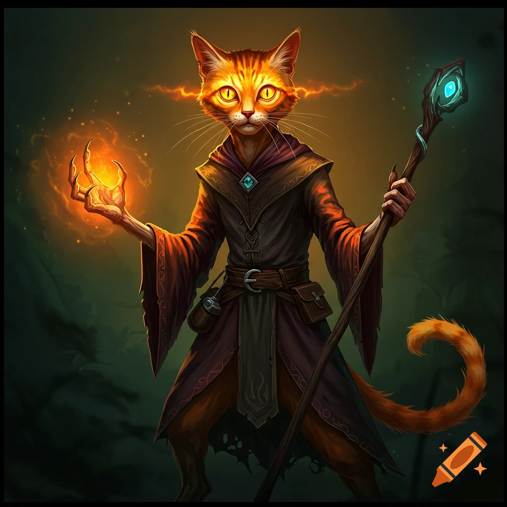 An orange cat wizard with glowing eyes, casting fire and holding a staff.