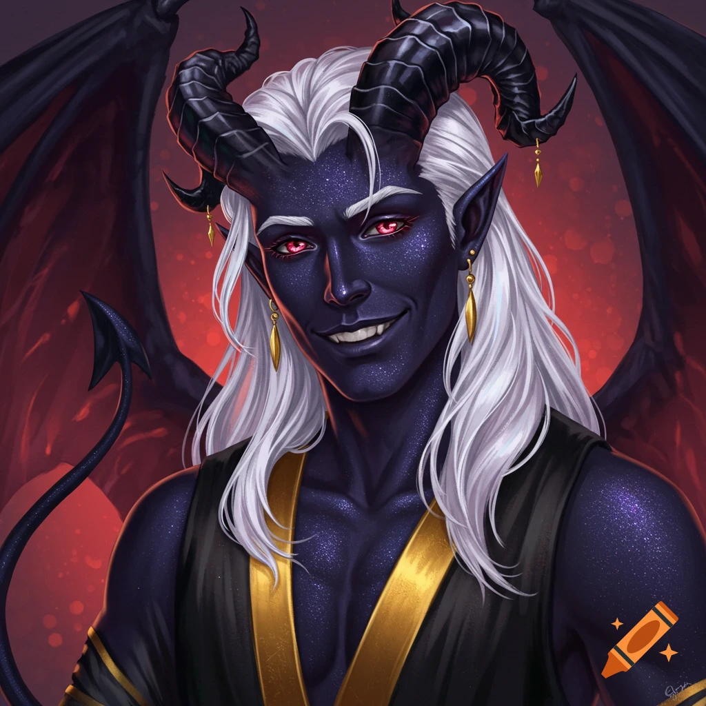 A handsome demon character with dark shimmering skin, white hair, black horns, red eyes, and a charming smile, with wings and a tail.