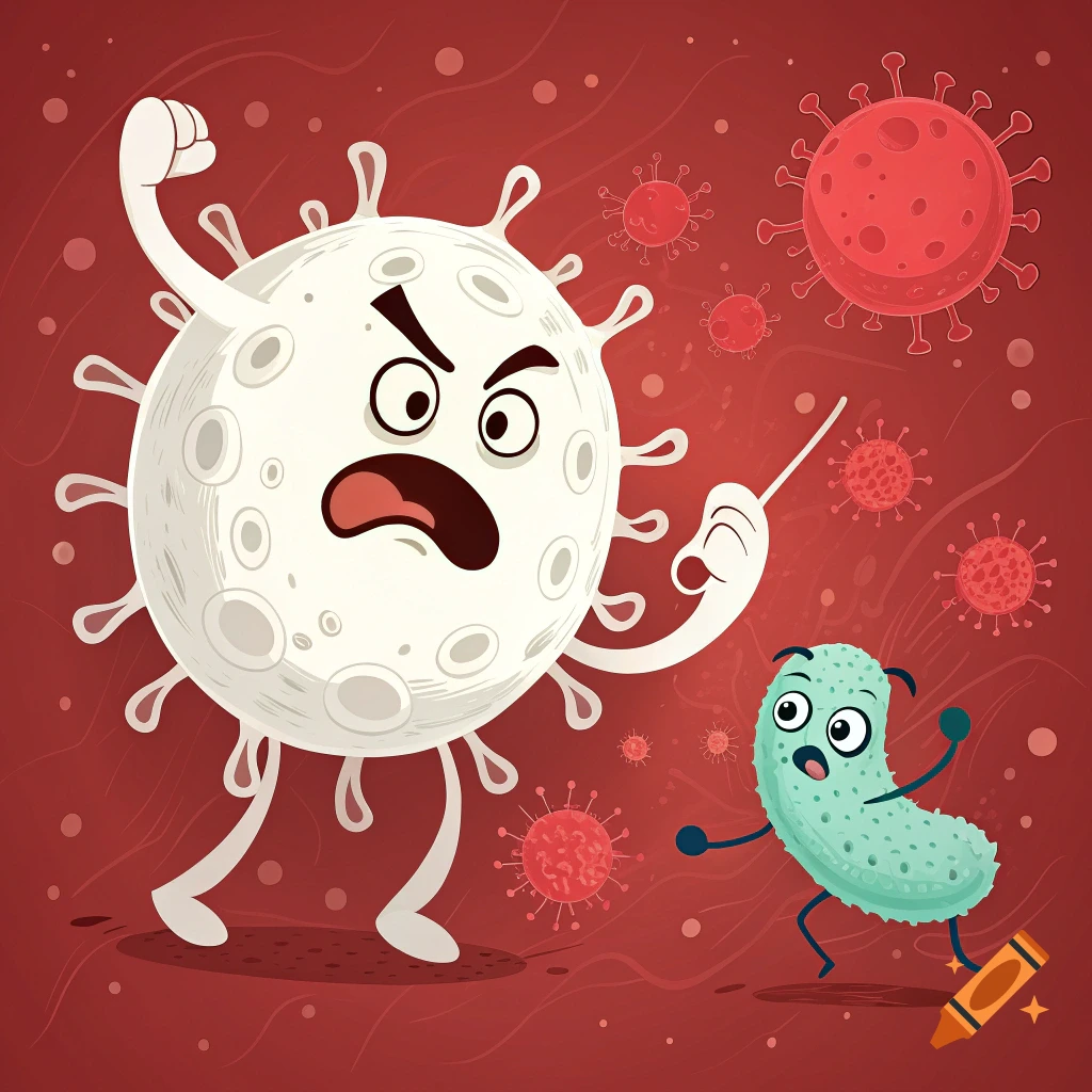 Cartoon white microbe attacking a blue microbe on a red background.