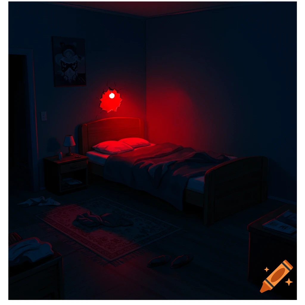 A dark bedroom at night, lit only by a small red light from a hole in the wall.