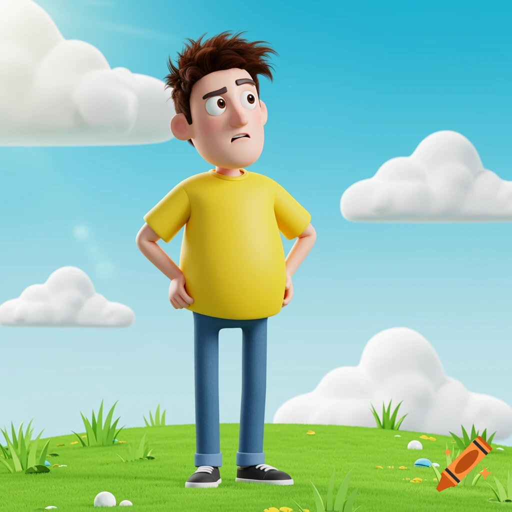 3D cartoon man in yellow shirt standing confused in a sunny meadow