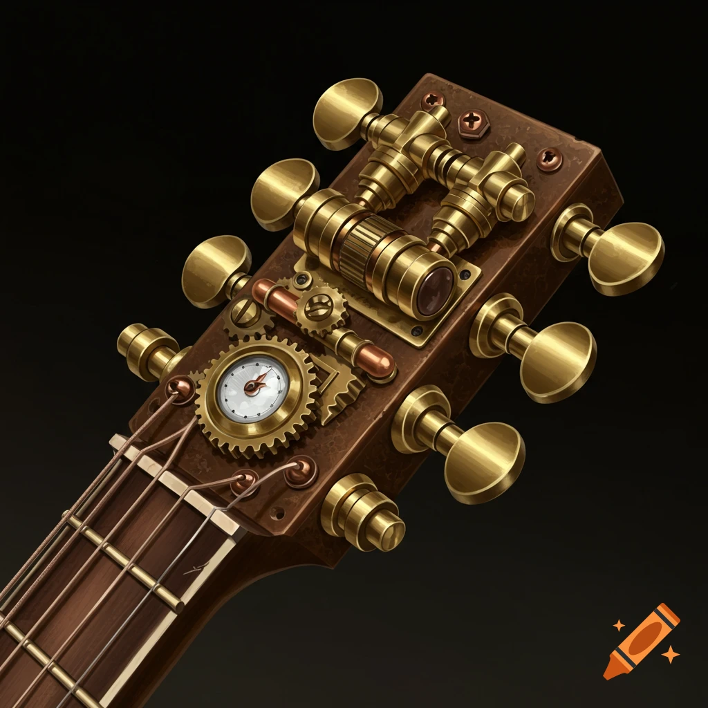 A steampunk guitar headstock with gears and a clock.