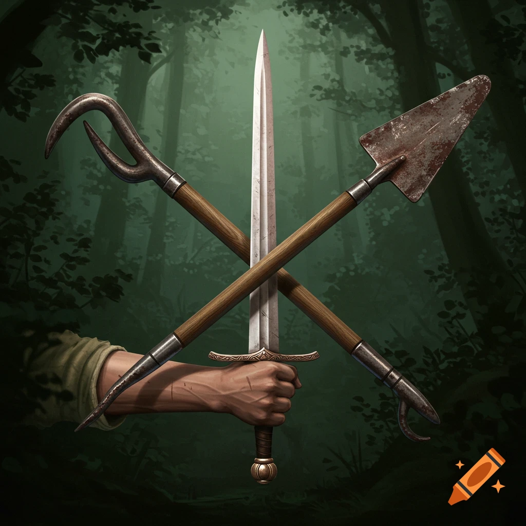 A hand holds a sword crossed with a spade and a hook in a forest