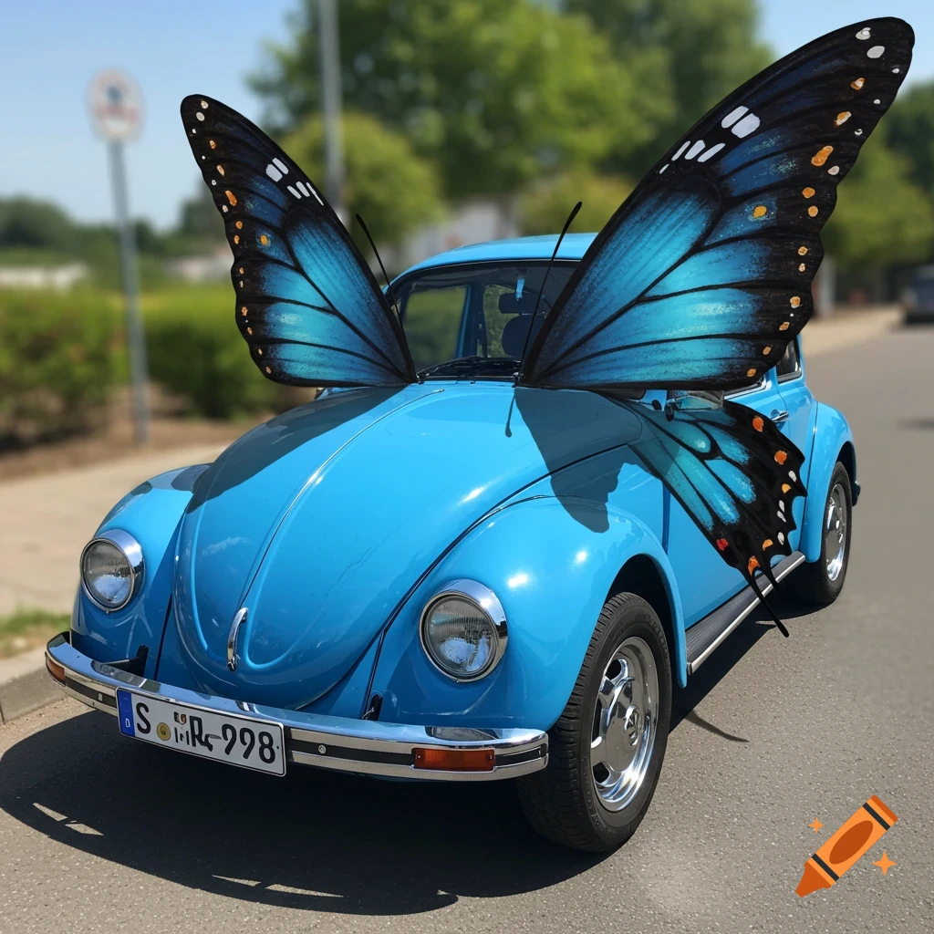 A blue Volkswagen Beetle car with large blue butterfly wings parked on a street.