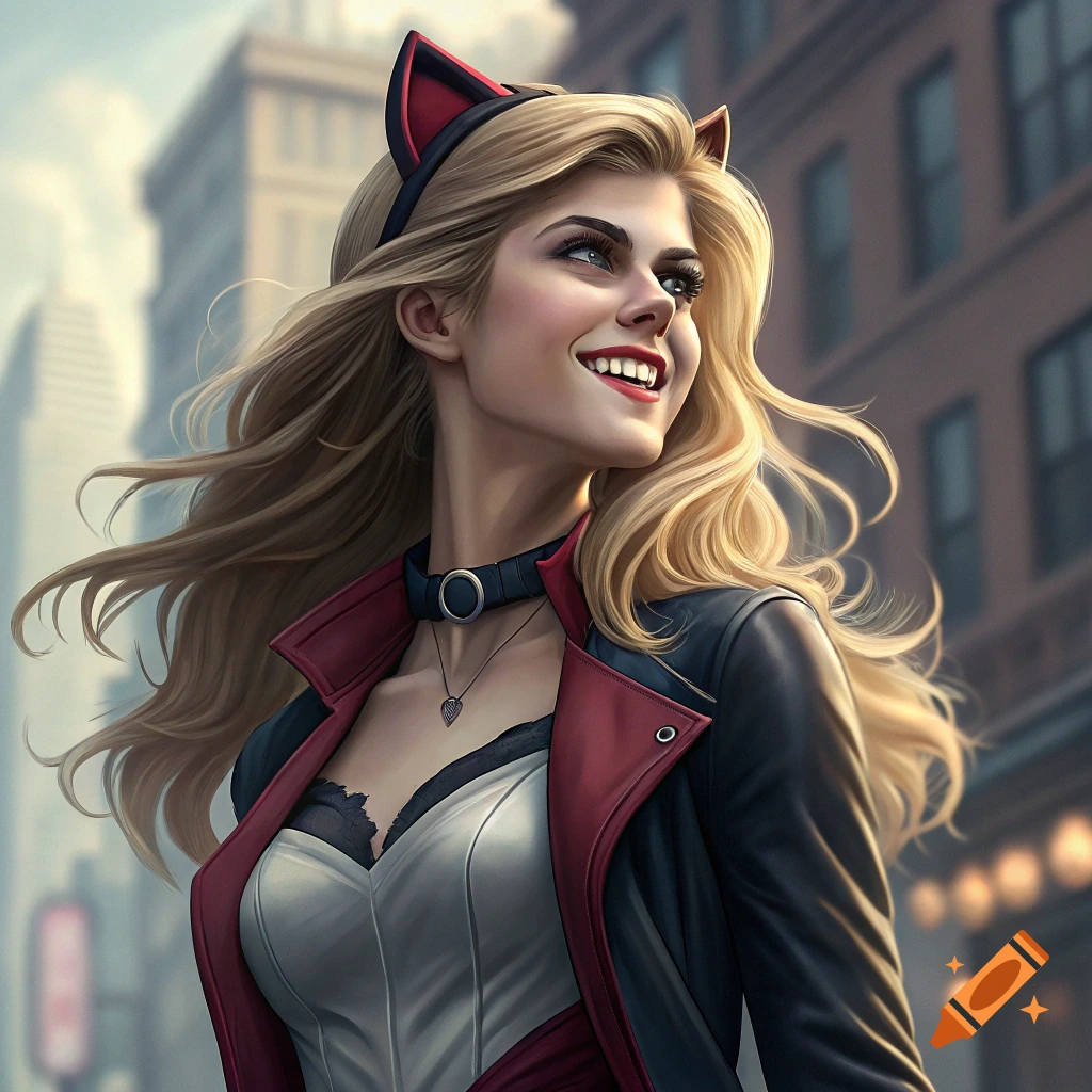 Digital portrait of a woman with blonde hair, cat ears, and a red and black jacket against a city backdrop