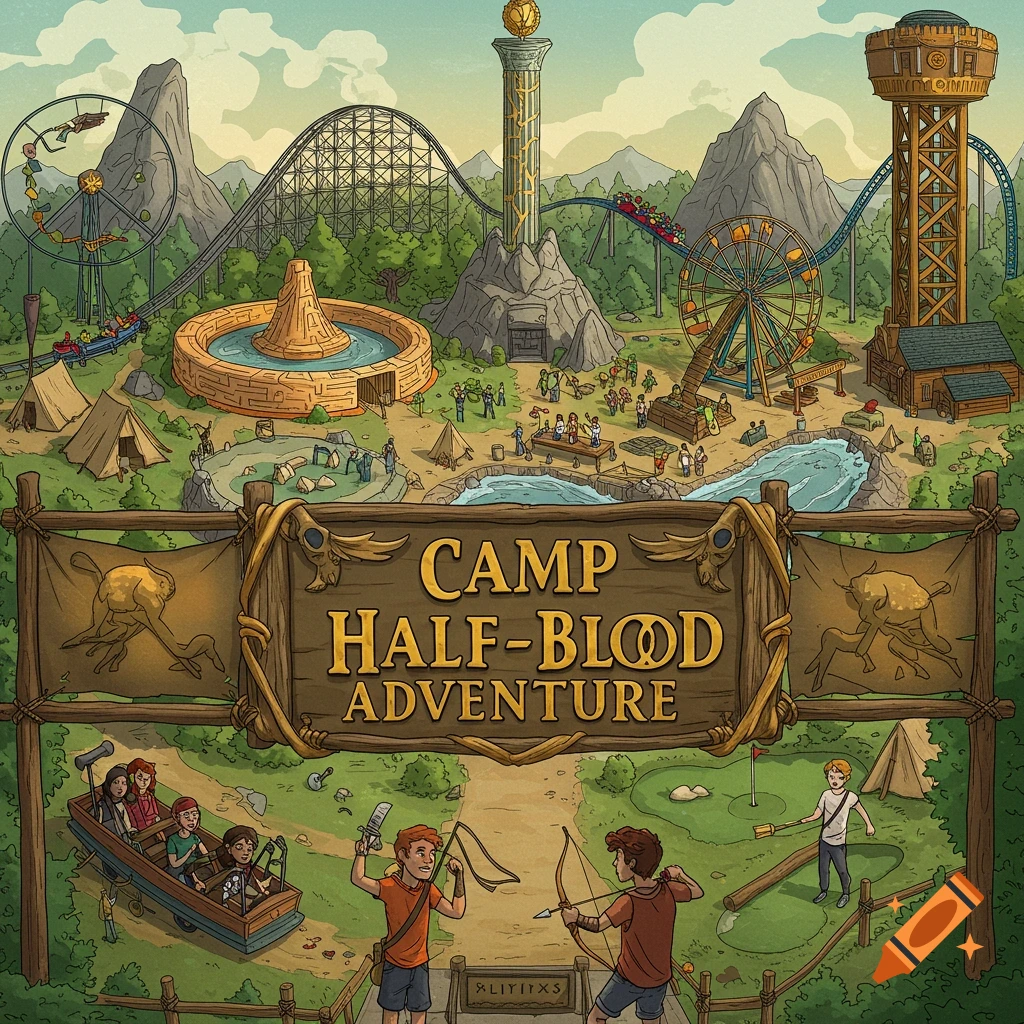 An illustrated overhead view of Camp Half-Blood Adventure theme park with rides, people, and a large sign.